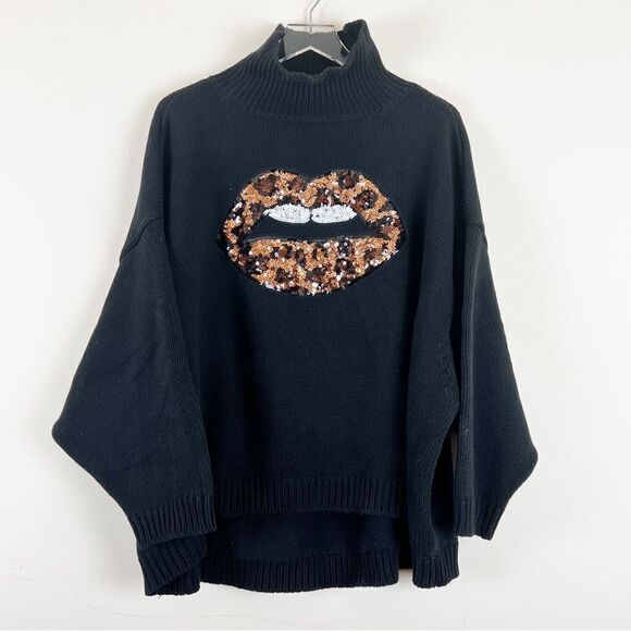 Torrid Drop Shoulder Turtle Neck Sweater Leopard Lips Black, Size 3/4 - Picture 3 of 12